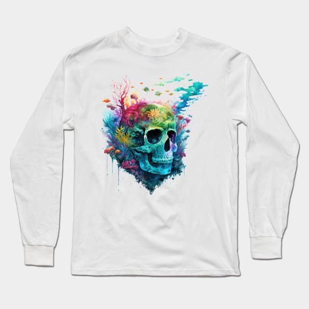 Psychedelic Underwater Skull Long Sleeve T-Shirt by Mojitojoe